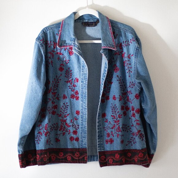 Vintage Embroidered Denim Jacket - M - Picture 1 of 3